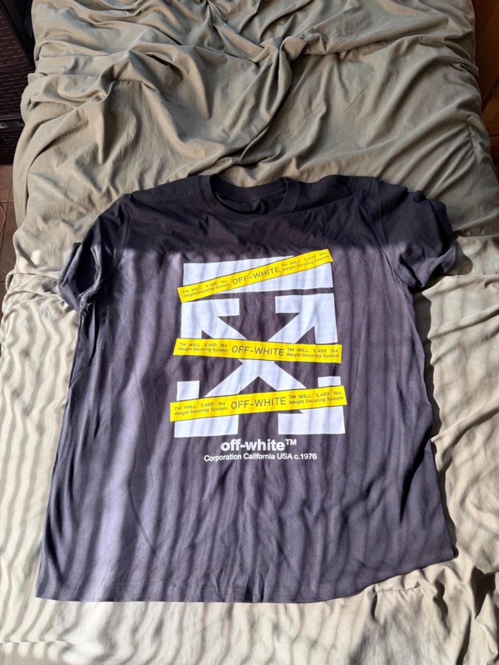 Off-White Black Tee with White Arrow Graphic and Yellow Tape